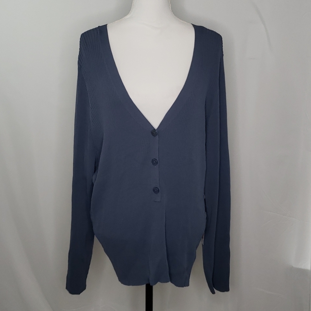 Leith Deep V Neck Big Button Sweater NWT